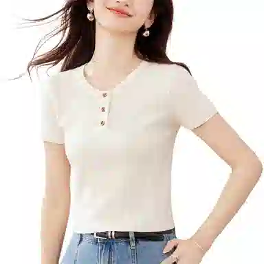 莫代尔 短袖短款圆领韩版半开领纯色套头小款女针织衫 女款