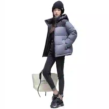 鸭鸭 撞色拼接休闲连帽长袖厚款保暖小个子面包服情侣外穿百搭羽绒服 女款