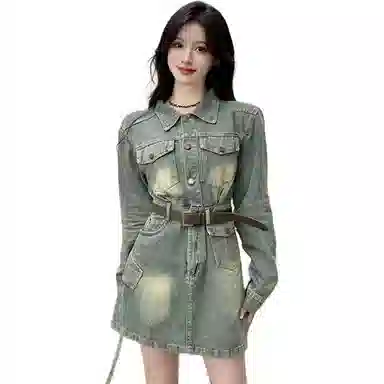 桴生 大码复古潮流洗水做旧纯色收腰显瘦透气百搭牛仔服饰长袖连衣裙 女款