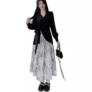 思蓓儿 水墨花设计感收腰长袖连衣裙 女款