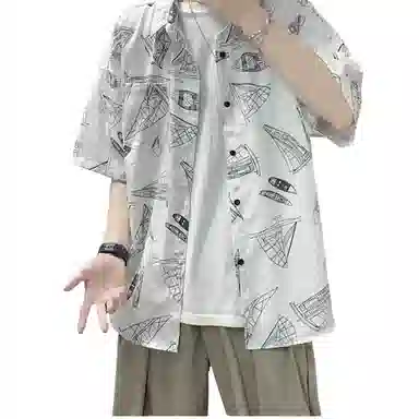 哲源 夏季薄款美式高街复古纯色满印图案卡通海边不规则沙滩旅游五分袖上衣百搭宽松休闲短袖衬衫 男女同款