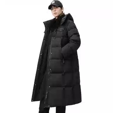 鸭鸭 黑金标奢金保暖加厚纯色过膝连帽防寒羽绒服 男女同款 黑色