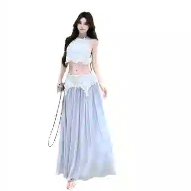 沐晓欣 蕾丝拼接纯欲修身无袖背心女夏季设计感高腰半身裙两件套裙装套装 女款