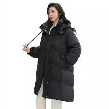 鸭鸭 高端中长款过膝面包服连帽羽绒服 女款