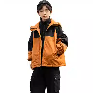 鸭鸭 童装 拼色夹棉连帽防水宽松中长款冲锋衣 儿童款