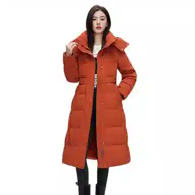鸭鸭 纯色连帽拉链保暖长款羽绒服 女款