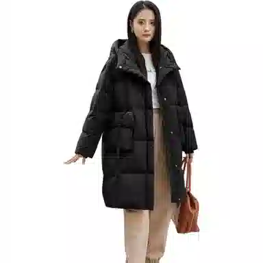 鸭鸭 纯色宽松连帽保暖中长款长袖羽绒服 女款