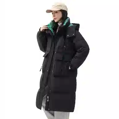 鸭鸭 中长款过膝立领连帽棋盘格撞色里衬韩版通勤时尚羽绒服 女款