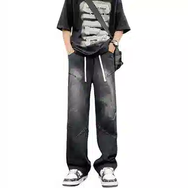 八哥 美式复古高街废土风褶皱设计水洗做旧宽松直筒弹力垂感阔腿显高显瘦微喇舒适直筒百搭工装裤休闲牛仔裤 男女同款