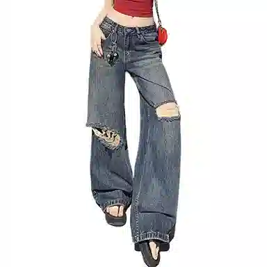 如续 破洞阔腿高腰高街宽松牛仔裤 女款
