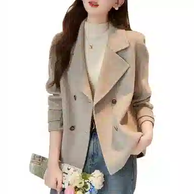 【dme】 纯色西装领双排扣短款长袖大衣 女款 慕斯杏