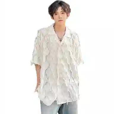 袋鼠 简约流苏纯色清爽透气舒适亲肤潮牌美式日常基础潮流宽松休闲翻领短袖衬衫 男女同款