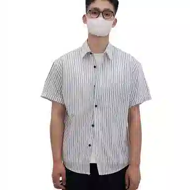 沐诚阳译 何青菜夏季透气舒适纯棉条纹宽松短袖方领口袋男衬衫 男款