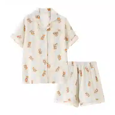 夏芬妍 甜美可爱卡通婴儿棉双层纱翻领短袖短裤家居服简约休闲可外穿睡衣套装 女款