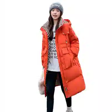 鸭鸭 中长款过膝立领连帽棋盘格撞色里衬韩版通勤时尚羽绒服 女款