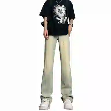 布客行 美式高街复古做旧水洗百搭显高显瘦潮流休闲微喇直筒裤牛仔裤 男女同款