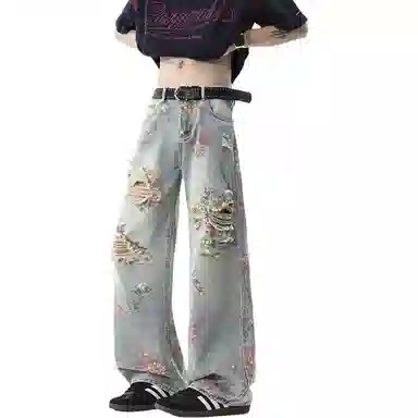 哲源 美式复古高街玫瑰花设计感显高显瘦裤子痞帅炸街日常通勤嘻哈风无性别主义阔腿直筒微喇破洞牛仔裤 男女同款