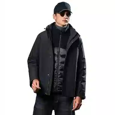 鸭鸭 鹅绒三合一系列 纯色山系户外远足防风防水保暖短款连帽登山羽绒服 男款