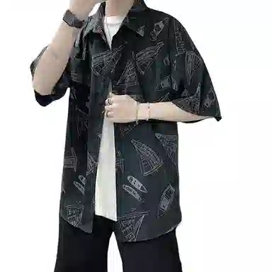 哲源 夏季薄款美式高街复古纯色满印图案卡通海边不规则沙滩旅游五分袖上衣百搭宽松休闲短袖衬衫 男女同款