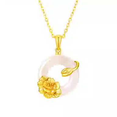 【花开富贵】中国黄金 珍·尚银 芙蓉平安扣 新中式好运连连招财纳福礼盒装 小众轻奢质感 盛放 妈妈 顺利美满 女友 礼盒装 玉髓 项链 女款