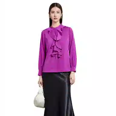 富铤 纯色立领荷叶边休闲长袖衬衫 女款