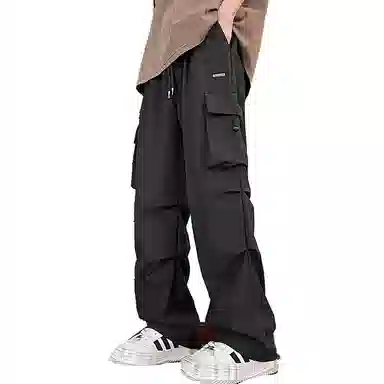 顶峰保罗 冰丝速干褶皱工装无性别主义长裤松紧腰弹力显高显瘦宽松大码透气百搭简约大口袋休闲裤 男女同款