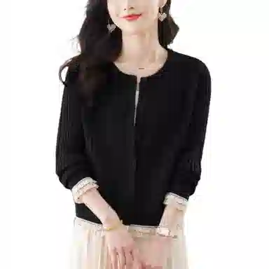 曲韩 高档桑蚕丝圆领蕾丝拼接针织开衫女针织衫 女款