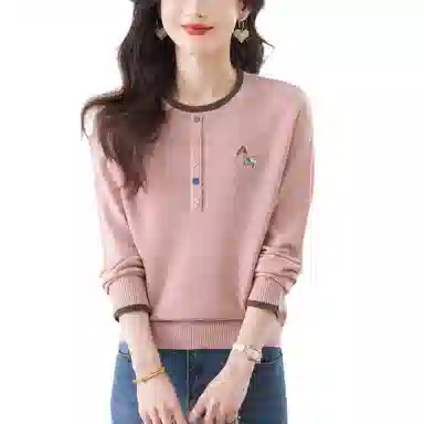 曲韩 春秋小个子圆领上衣女中年妈妈宽松薄款针织衫 女款