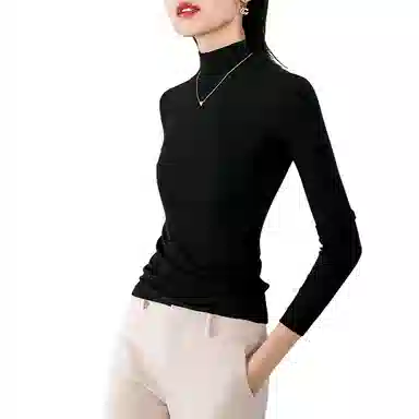 晚白 修身立领长袖休闲打底针织衫 女款 黑色