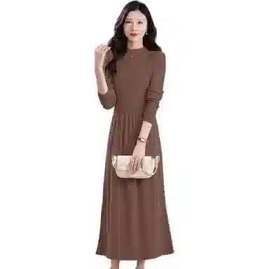 恒源祥 纯色长款针织舒适休闲长袖连衣裙 女款