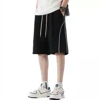 稻草人 经典条纹拼接设计美式高街纯色松紧系带宽松百搭户外直筒阔腿透气通勤五分休闲短裤 男女同款