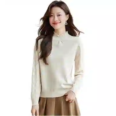 曲韩 法式蕾丝半高领打底长袖毛衣 女款