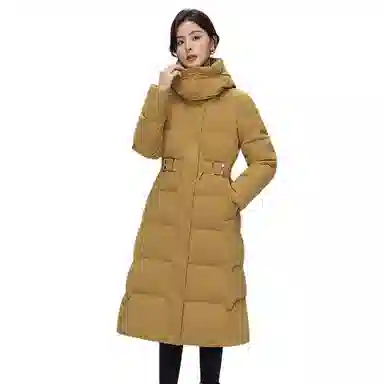 鸭鸭 纯色连帽拉链保暖长款羽绒服 女款