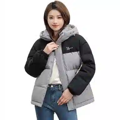 鸭鸭 拉链连帽撞色拼接情侣面包服防寒羽绒服 女款