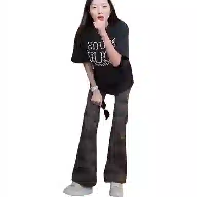 拓菲 迷彩微喇牛仔裤直筒裤子 男女同款