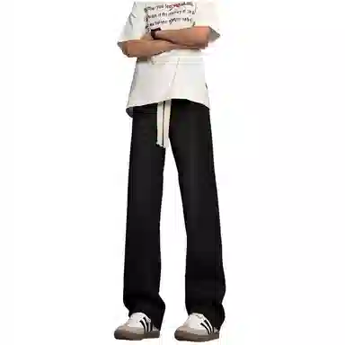 加菲猫家族 美式高街简约基础款复古水洗做旧宽松舒适休闲系带中腰校园学院风直筒垂感日常通勤百搭牛仔裤 男女同款