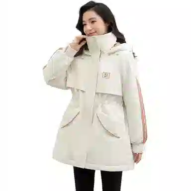 鸭鸭 拉链条纹连帽中长款羽绒服 女款