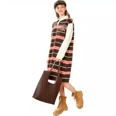 木果果木 小个子女生复古条纹时尚简约长袖连衣裙 女款