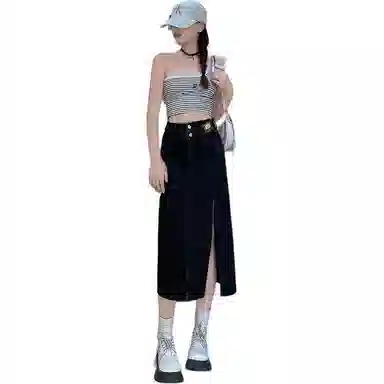 玫丝朵 小众设计感高腰开叉纯色休闲长裙 女款