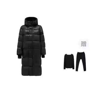 鸭鸭 黑金标奢金保暖加厚纯色过膝连帽防寒羽绒服 男女同款 黑色
