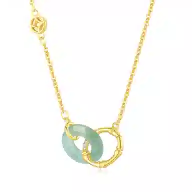 福茹记 竹扣平安 钱币铜钱新中式环环相扣 招财#好运 小众设计清雅绿色日常百搭显白 东陵玉 项链 女款