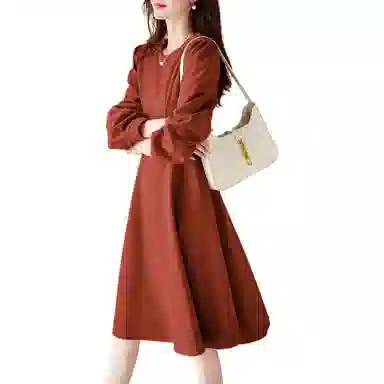 【dme】 纯色中腰圆领长袖连衣裙