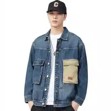 【dme】 潮牌美式时尚翻领大口袋宽松水洗单排扣牛仔外套 男女同款 蓝色