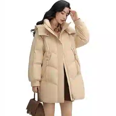 鸭鸭 纯色拉链连帽中长款羽绒服 女款