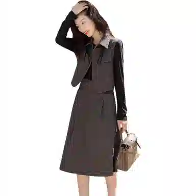 【dme】 时尚休闲简约拼色翻领假两件长袖连衣裙 女款 深灰