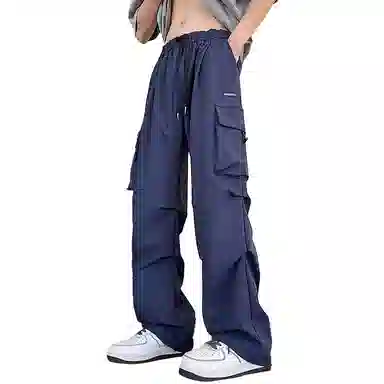 顶峰保罗 冰丝速干褶皱工装无性别主义长裤松紧腰弹力显高显瘦宽松大码透气百搭简约大口袋休闲裤 男女同款