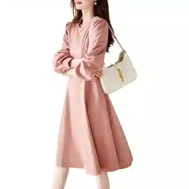 【dme】 纯色中腰圆领长袖连衣裙