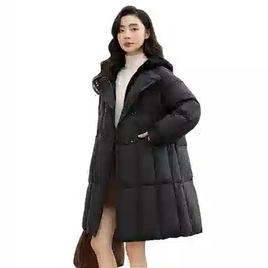 鸭鸭 纯色连帽拉链中长款假两件长袖羽绒服 女款