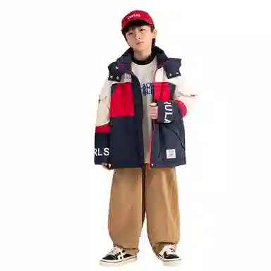 鸭鸭 童装 拼色连帽保暖休闲长袖羽绒服 儿童款