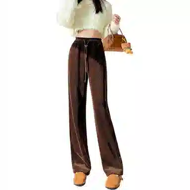 惟熙 高腰宽松阔腿裤舒适简约加厚纯色休闲裤 女款 咖啡色